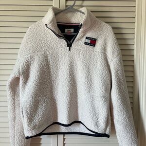 Tommy Hilfiger White Sherpa Jacket with Black and Red Trim